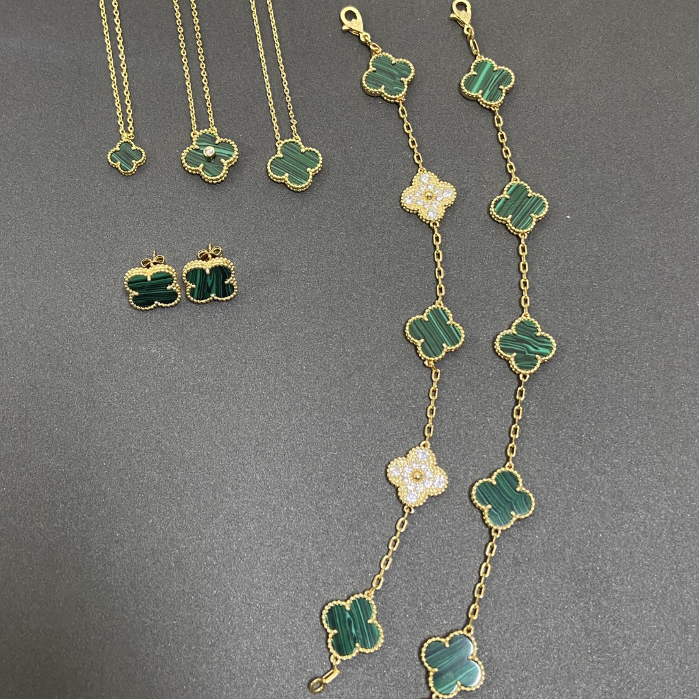 Vintage Leaves Green Bracelet & Earrings & Necklace 6 Set (Gold)