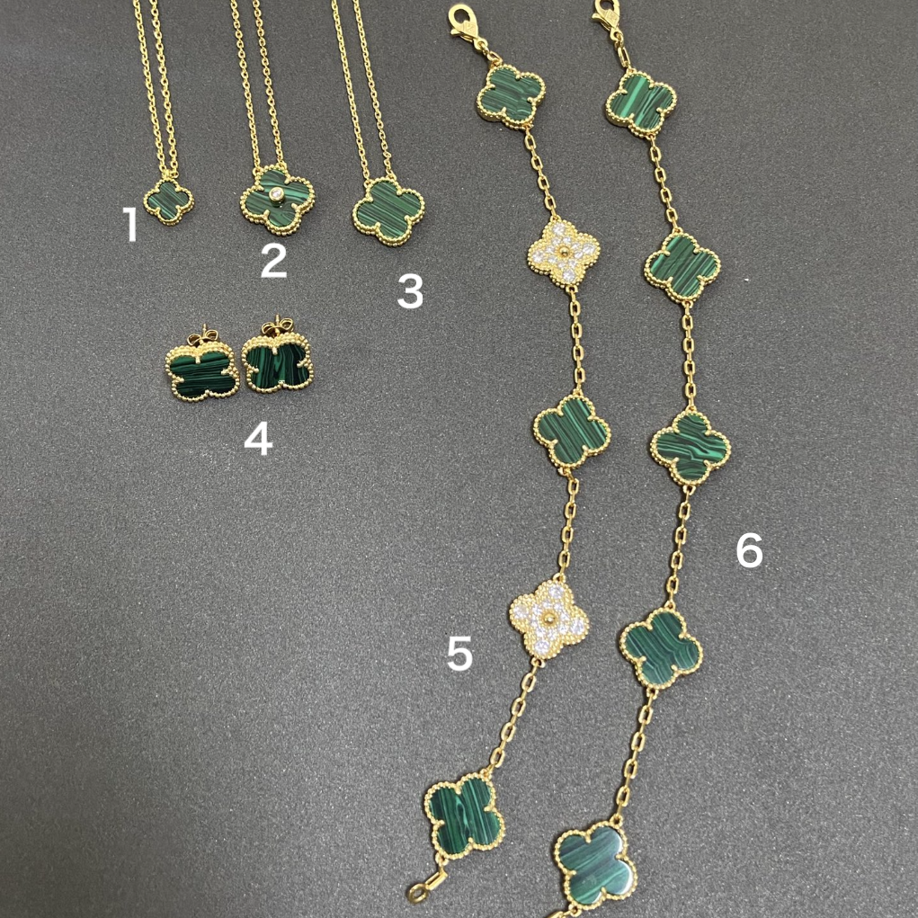 Vintage Leaves Green Bracelet & Earrings & Necklace 6 Set (Gold)