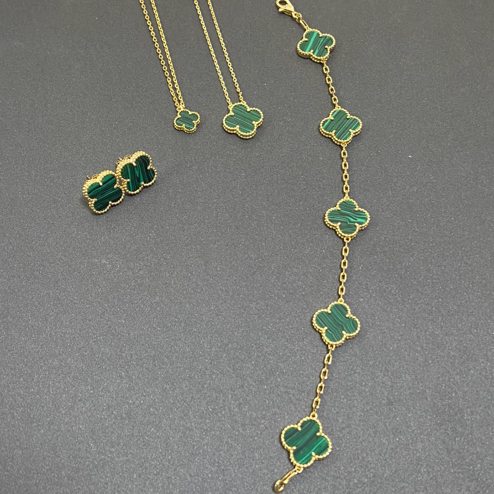Vintage Leaves Green Bracelet & Earrings & Necklace 6 Set (Gold)
