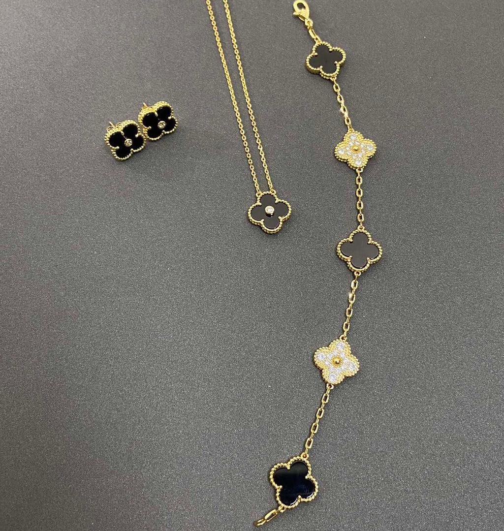 Vintage Leaves Black Bracelet & Earrings & Necklace 7 Set (Gold)