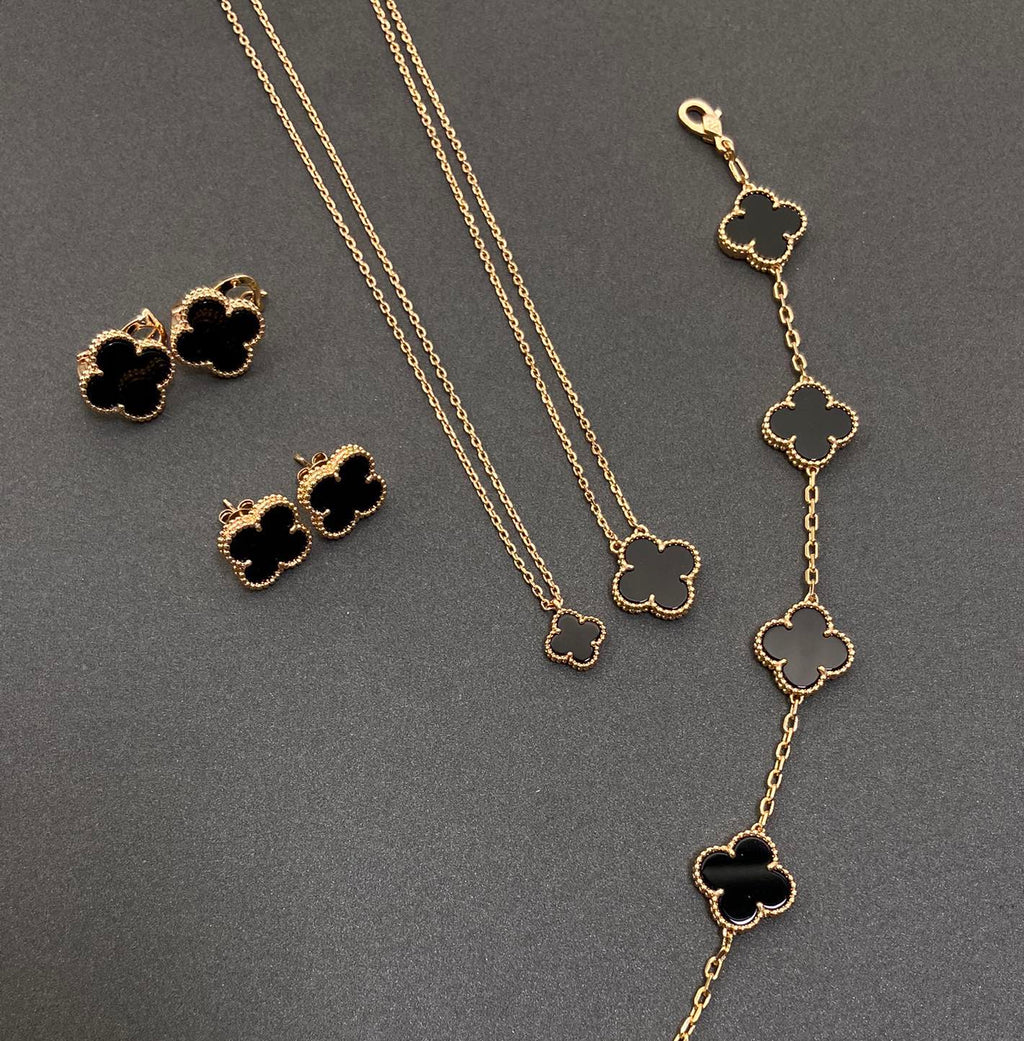 Vintage Leaves Black Bracelet & Earrings & Necklace 7 Set (Gold)