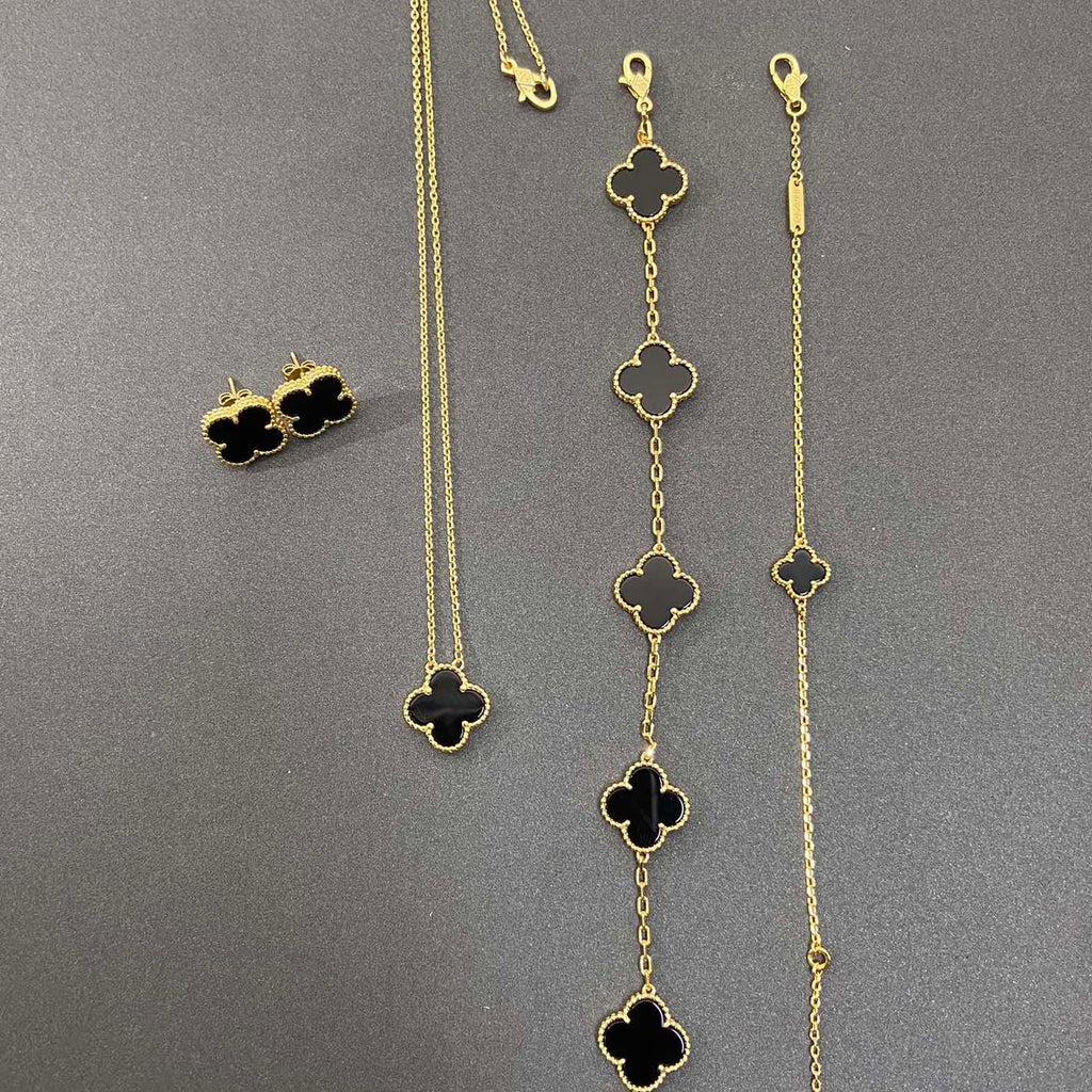 Vintage Leaves Black Bracelet & Earrings & Necklace 7 Set (Gold)